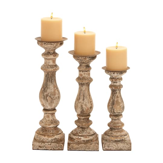 Distressed Brown Wood Traditional Candle Holder Set, 3ct.
